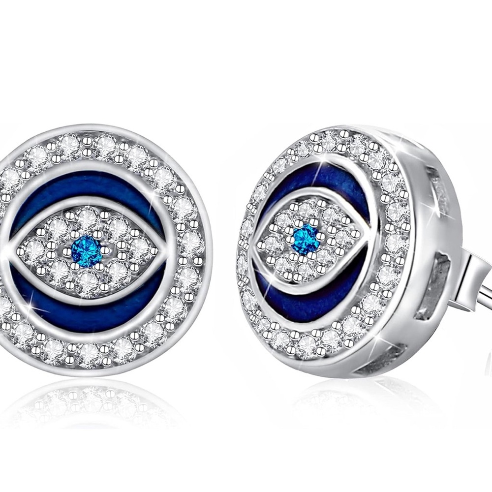 Evil Eye Round Sterling Silver Stud Earrings - New
